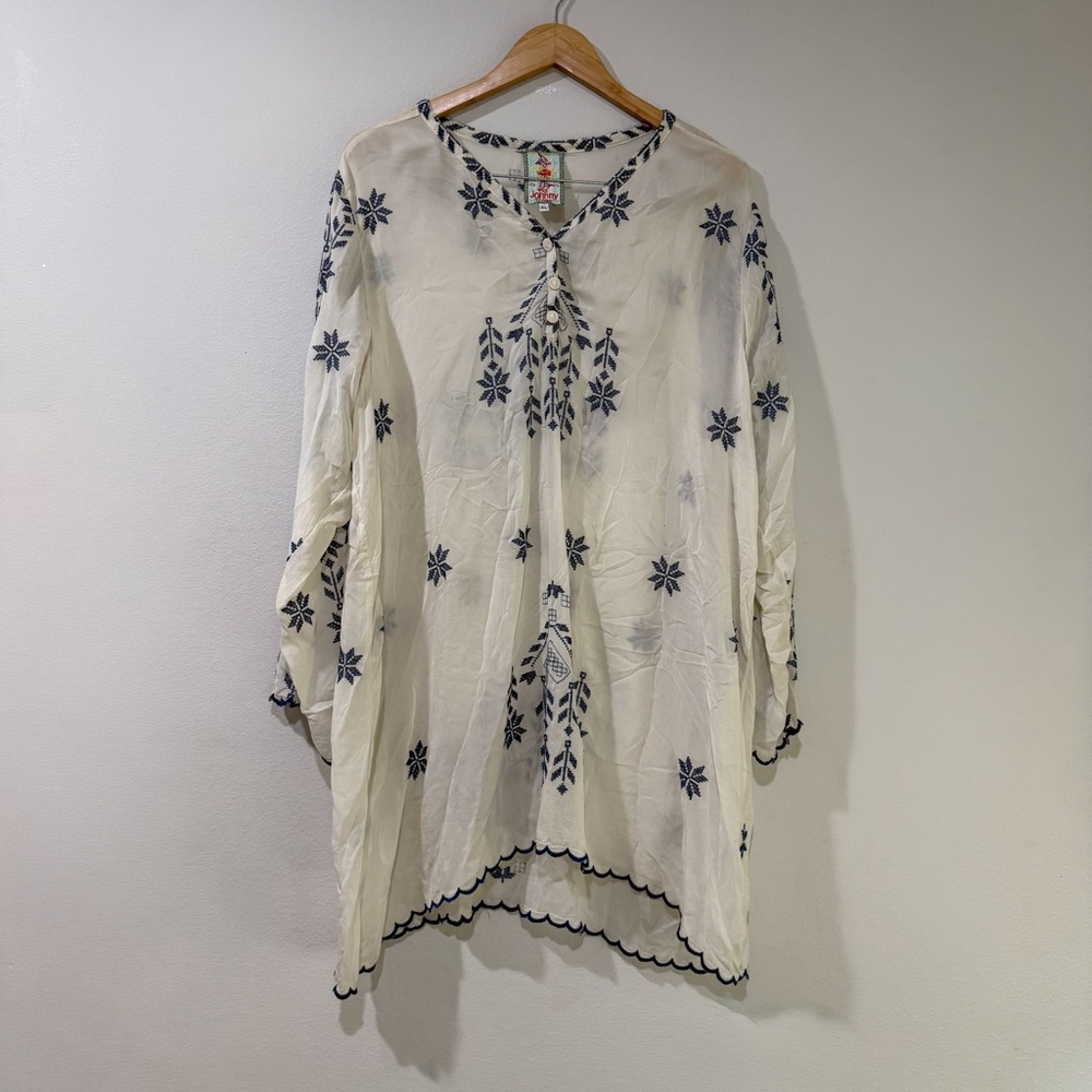 Johnny Was Xandre Embroidered Tunic XL Ivory Blue Boho Cupra Rayon Top